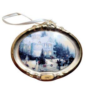 Vintage Hallmark Ceramic Christmas Ornament 1997 Thomas Kinkade Gold Tone Frame